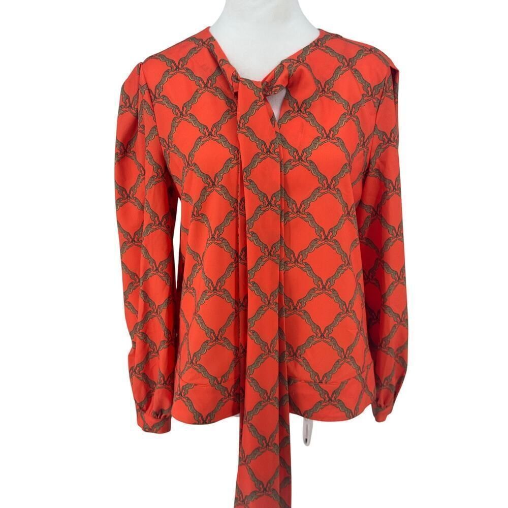 Emily McCarthy Cheetah Chain Print Blouse Coral Sz S Tie Front Long Sleeve